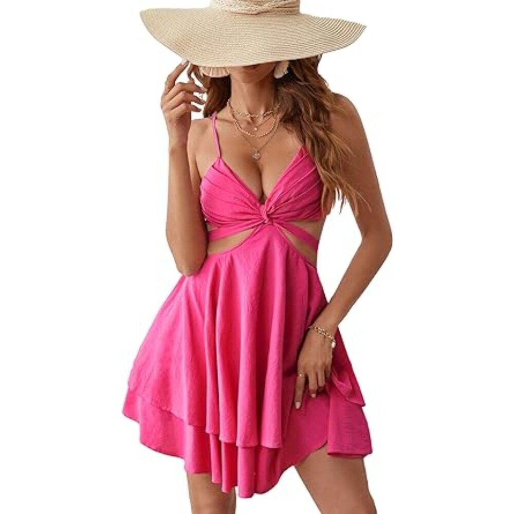 WDIRARA NWT Pink V Neck Cut Out Mini Dress Tie Layered Ruffle Hem Barbiecore M